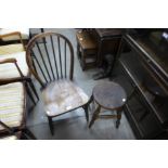 A Victorian elm and beech kitchen chair and stool