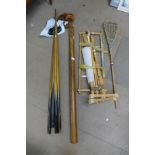 A mahogany curtain pole, snooker cues, etc.