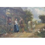 English School, figures by a cottage, oil on canvas, 34 x 49cms,