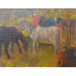 British School (20th Century), circus horses in a tent, oil on canvas laid on board, 38 x 49cms,