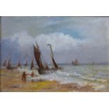 English School (19th Century), coastal landscape with fishermen landing their catch, oil on panel,