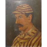 English School (19th Century), half portrait of a cricketer, oil on board, 33 x 26cms,