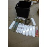 Assorted metalware, door plates, candlesticks, etc.