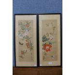 A Japanese relief picture and a pair of floral watercolours on silk