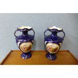 A pair of continental cobalt vases, decorated with romantic scenes,