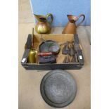 Assorted brass, copper and flat irons, etc.