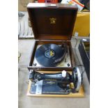 A Singer sewing machine and an HMV gramophone