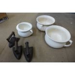 Three flatiron's and three chamber pots