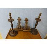 A pair of beech candlesticks and a pair of wall brackets