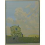 A signed Hall Thorpe colour woodcut print, The Caravan, 36 x 28cms,