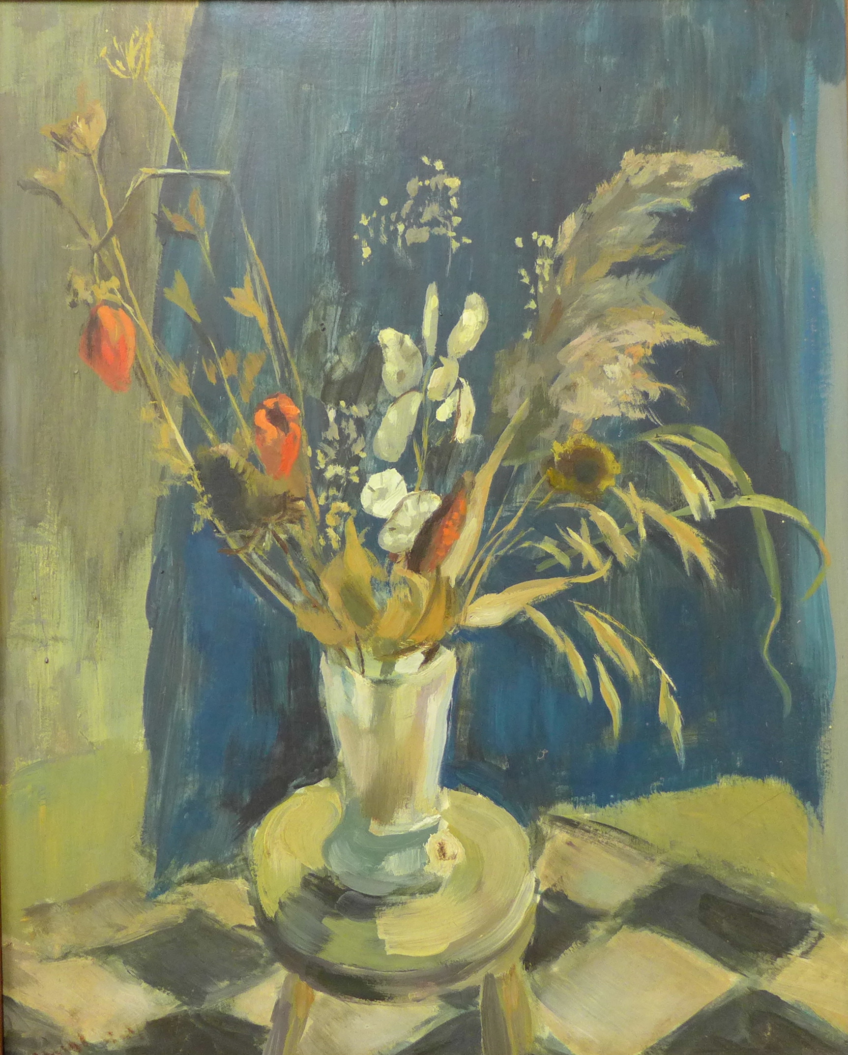 British Modernist School, still life of flowers in a vase, oil on board, indistinctly signed,