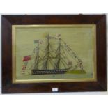 An early 19th Century sailors woolwork, depicting a man o' war ship having multiple flags,,