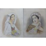 Continental School (19th Century), pair of gypsy girl portraits, pencil and watercolour, 48 x 36cms,