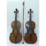 Two violins, a/f, both 36cm and two bows,