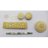 Needlework items including a carved ivory needle case