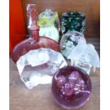 Glass including paperweights and a pair of Nachtmann birds, Murano perfume bottle, etc.
