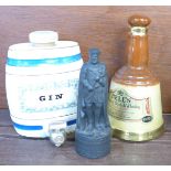 Two Wade decanters, whisky and gin and a Beneagles Scotch Whisky decanter,