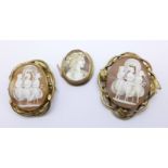 A yellow metal framed cameo brooch and two large gilt metal cameo brooches