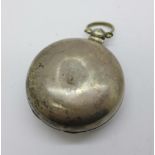 A silver full hunter verge pocket watch,