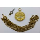 An 18ct gold fob watch and 9ct gold guard chain, chain 15.8g, fob watch 29.