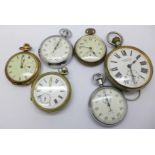 Four pocket watches and two Smiths stop watches,
