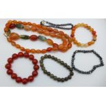 A hardstone necklet and five bracelets