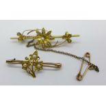 A 15ct gold and pearl brooch and a yellow metal brooch, gross weight 4.