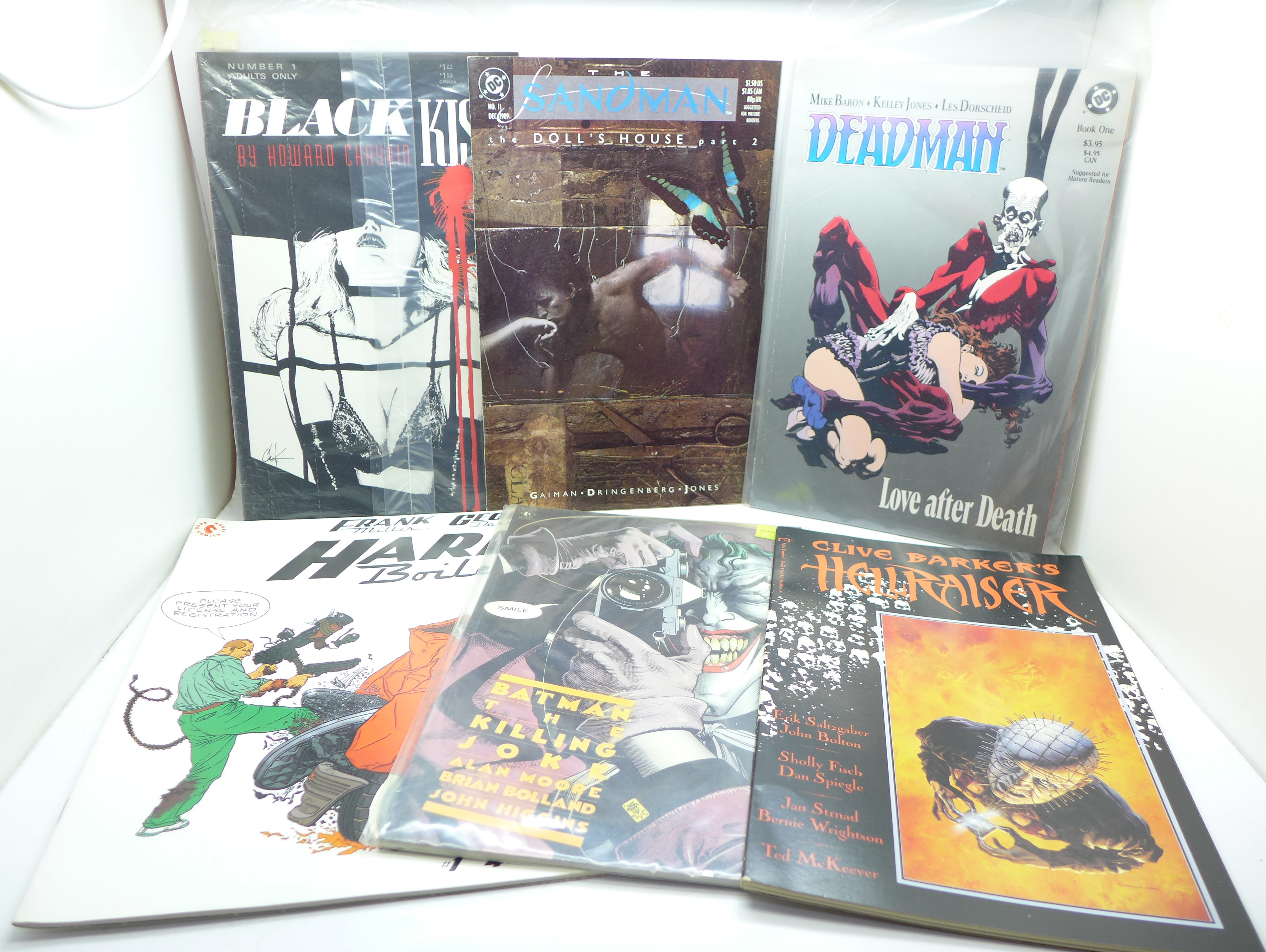 Six comics, Hard Boiled No.1, Batman The Killing Joke, Hellraiser, Deadman, Black Kiss No.