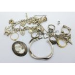 Silver jewellery including a charm bracelet, a hallmarked bangle and a kangaroo necklet, etc.