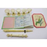 Needlework items including five mother of pearl and ivory cotton reel holders