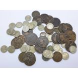 Assorted coins including a cartwheel penny, Victorian, sixpences, etc.