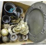 A box of metalwares including pewter and brass