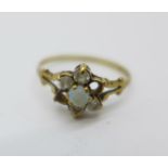 A 9ct gold, opal and white stone ring, lacking two stones, 1g,