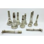 Eight wind instrument mouthpieces, including Kosicup,