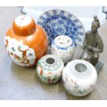 Three Chinese ginger jars, one with lid, a Chinese plate,