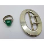 An Egyptian silver ring, L, and a Victorian silver buckle,