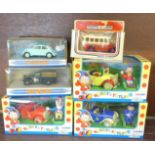 Three Corgi Noddy vehicles and characters, two Dinky Matchbox vehicles and a Days Gone vehicle (6),