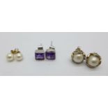 A pair of 9ct gold cultured pearl stud earrings and two pairs of silver earrings