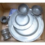 A collection of pewter, two plates,
