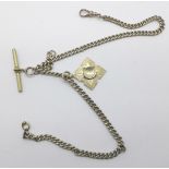 A silver Albert watch chain with silver fob and metal T-bar, one hook missing,