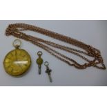 An 18ct gold pocket watch and 9ct gold guard chain, chain 32.2g, watch 59.