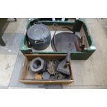 A cast iron skillet, Holcroft pot, flat irons, etc.