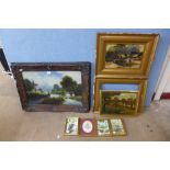 A pair of English School landscapes, oil on canvas, a reverse painting on glass, etc.