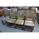 A set of eight carved oak and leather dining chairs