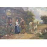 English School, figures by a cottage, oil on canvas, 34 x 49cms,