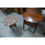 An oak sewing table and an Indian carved occasional table