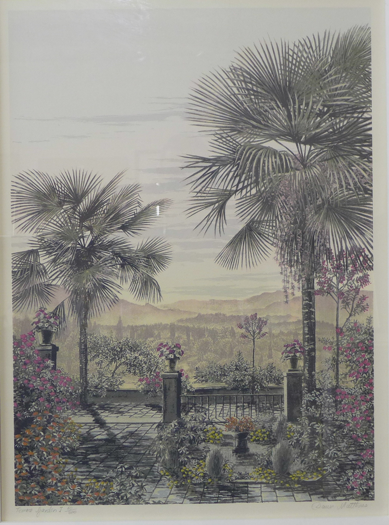 A signed Dawn Matthews limited edition print, Terrace Garden, no.