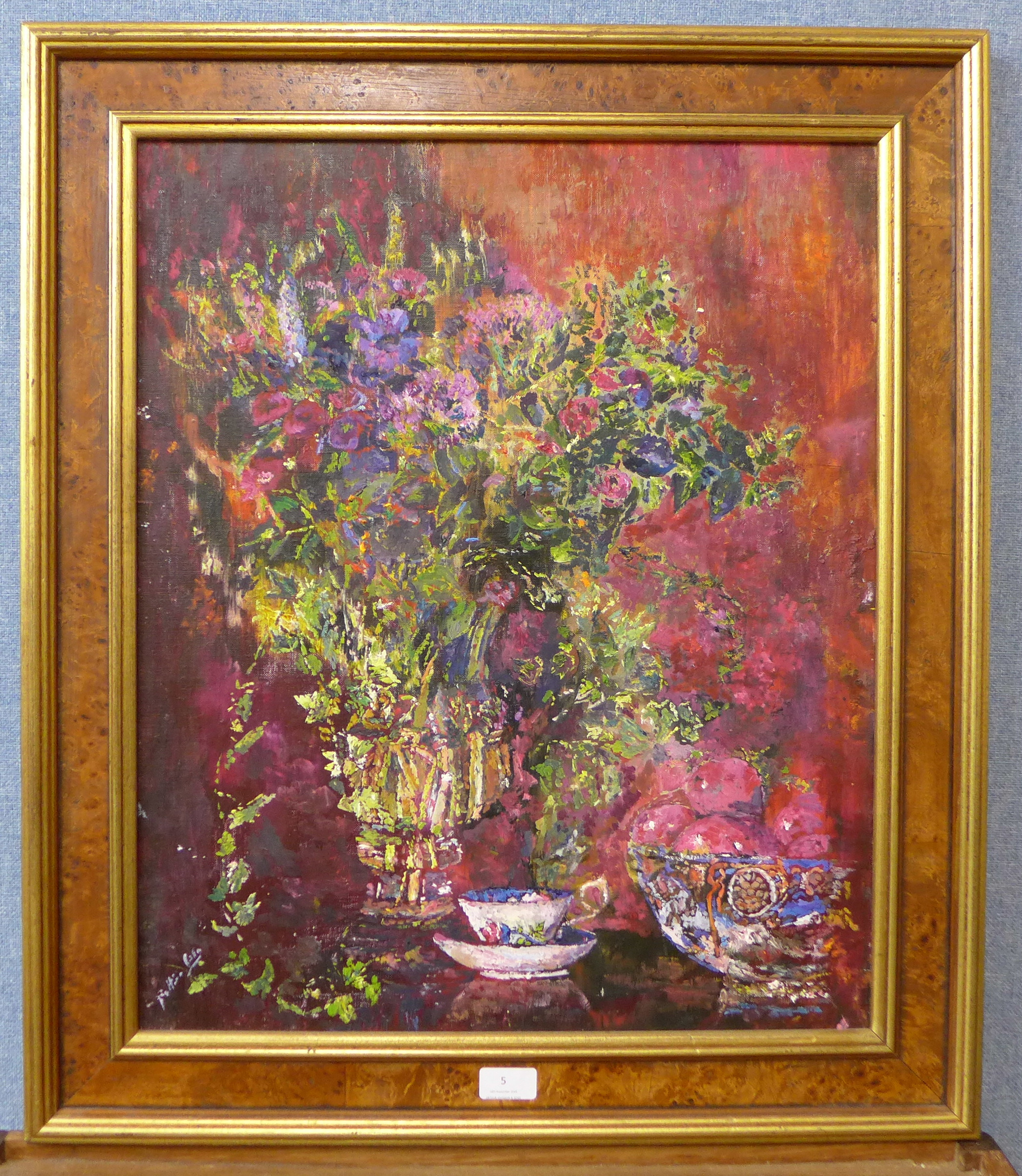 British School, still life, oil on canvas, indistinctly signed, 60 x 49cms, - Image 2 of 2