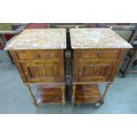 A pair of French fruitwood and marble topped table du nuits