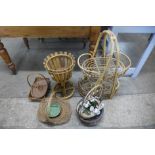 A bamboo jardiniere stand holder, bamboo bottle holder, whicker baskets, etc.